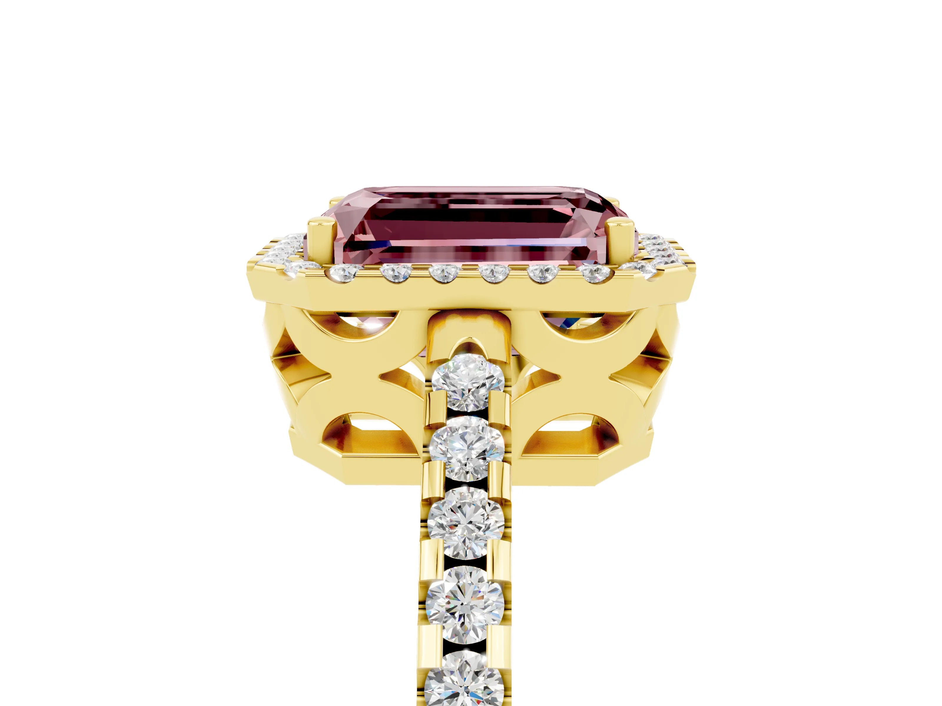 Yellow gold Emerald Cut Morganite Halo Engagement Ring with Pavé Band and Prong Setting_17