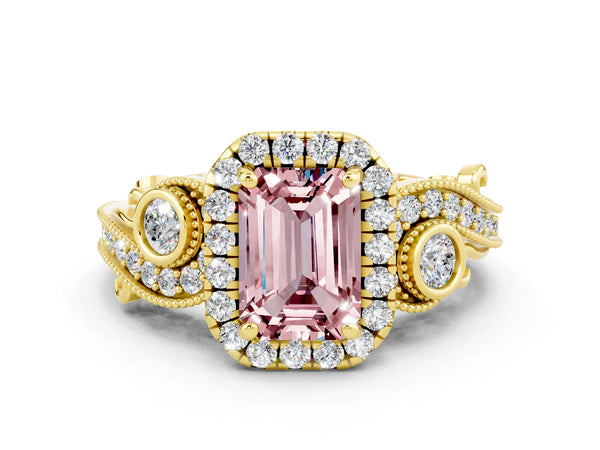 Yellow gold Emerald Cut Morganite Halo Ring with Milgrain Pavé Band and Four-Prong Setting