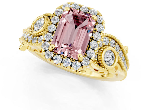 Yellow gold Emerald Cut Morganite Halo Ring with Milgrain Pavé Band and Four-Prong Setting