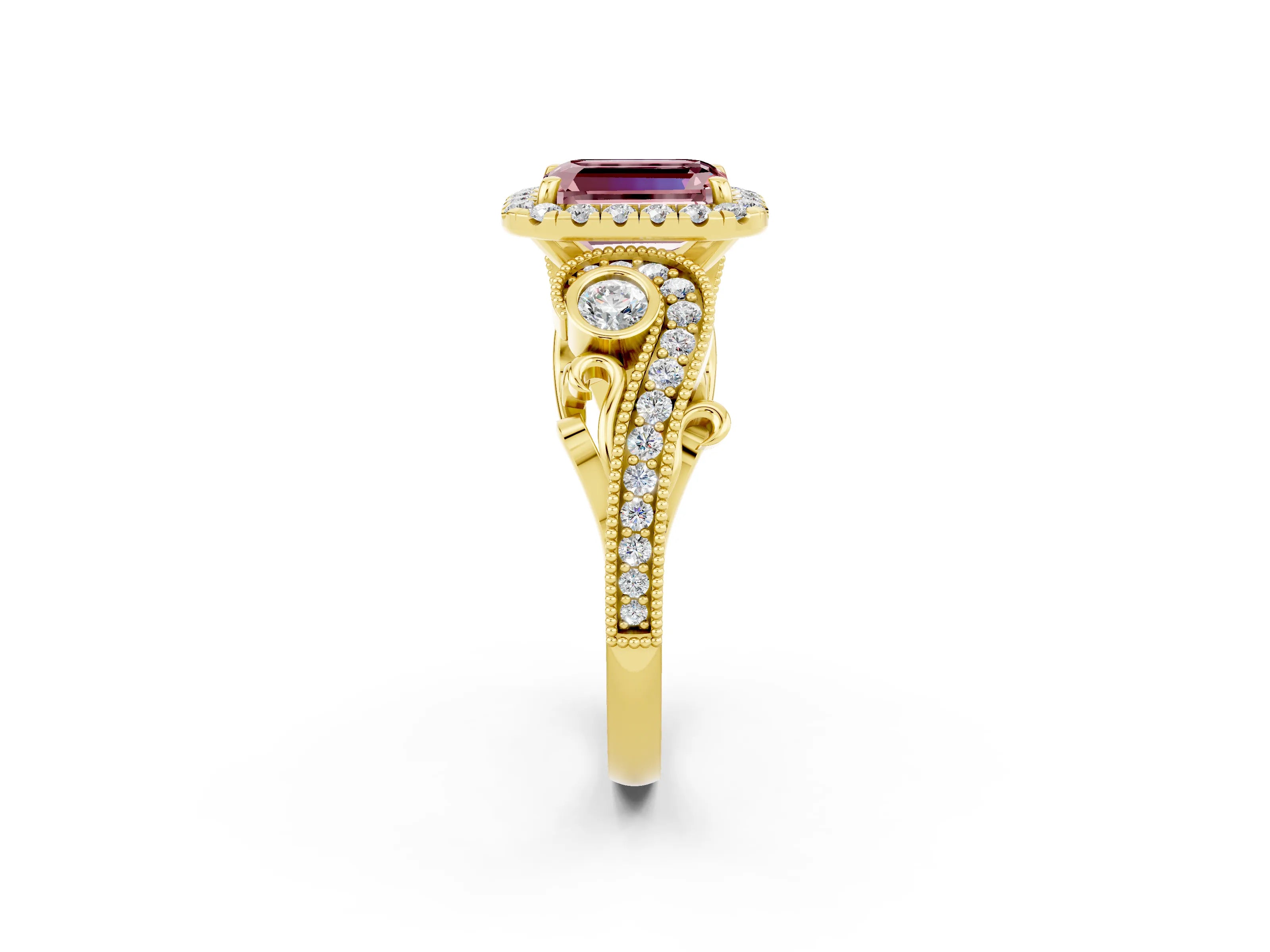 Yellow gold Emerald Cut Morganite Halo Ring with Milgrain Pavé Band and Four-Prong Setting_14