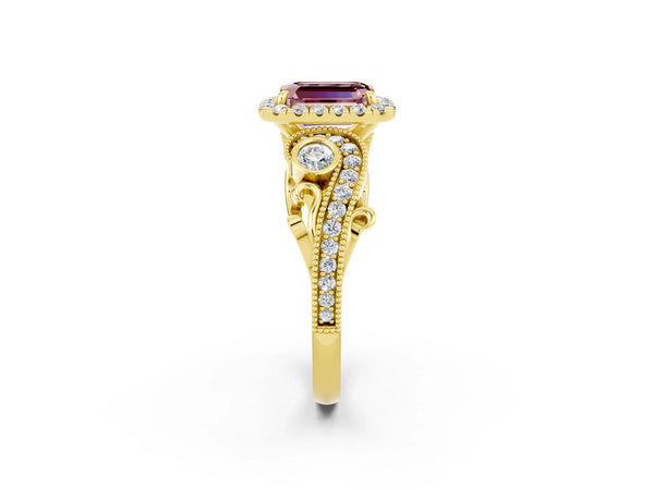 Yellow gold Emerald Cut Morganite Halo Ring with Milgrain Pavé Band and Four-Prong Setting