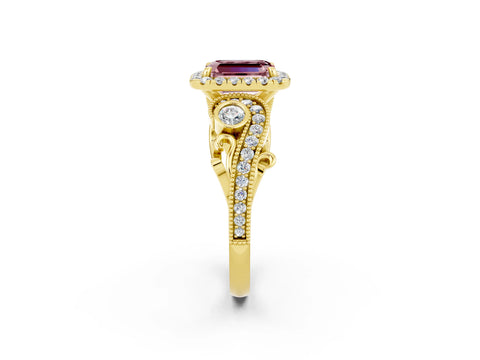 Yellow gold Emerald Cut Morganite Halo Ring with Milgrain Pavé Band and Four-Prong Setting_14
