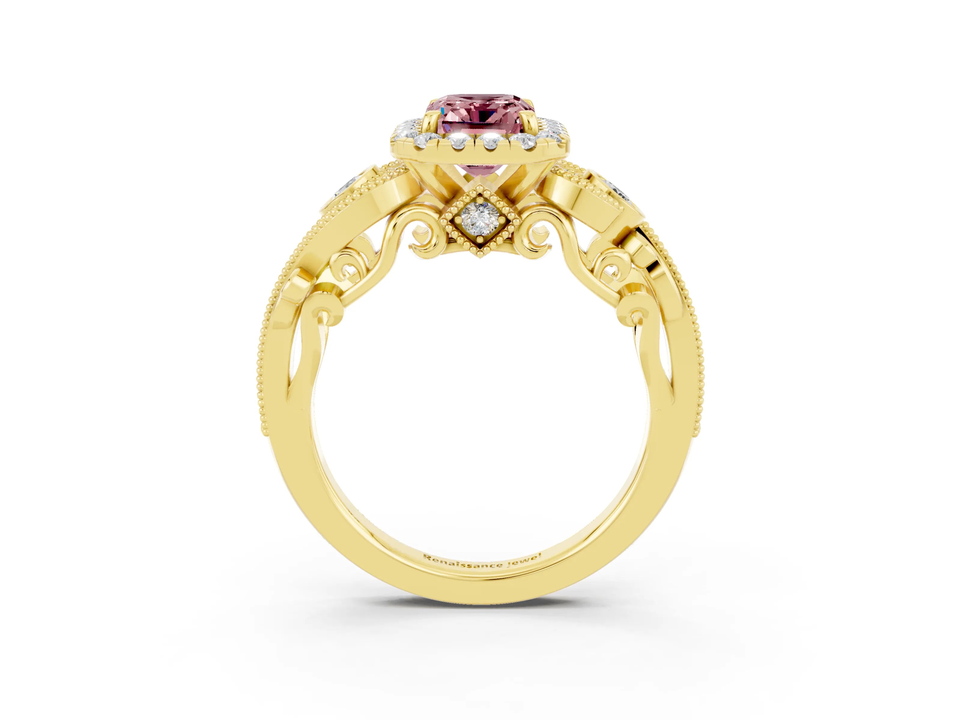 Yellow gold Emerald Cut Morganite Halo Ring with Milgrain Pavé Band and Four-Prong Setting_15