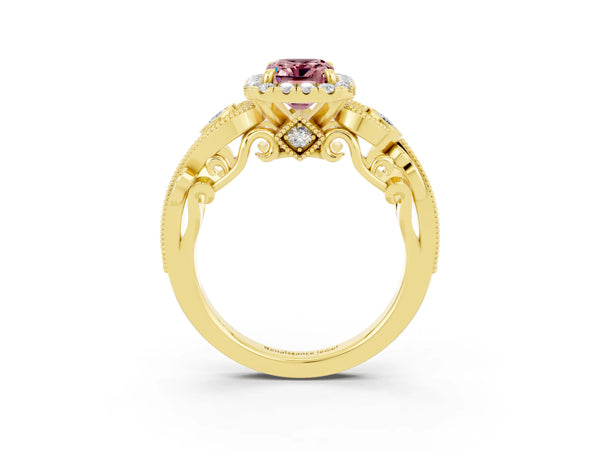Yellow gold Emerald Cut Morganite Halo Ring with Milgrain Pavé Band and Four-Prong Setting