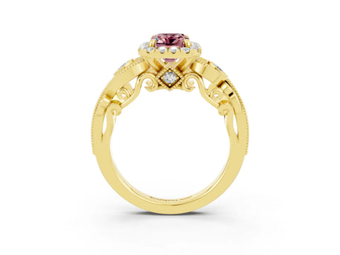 Yellow gold Emerald Cut Morganite Halo Ring with Milgrain Pavé Band and Four-Prong Setting_15