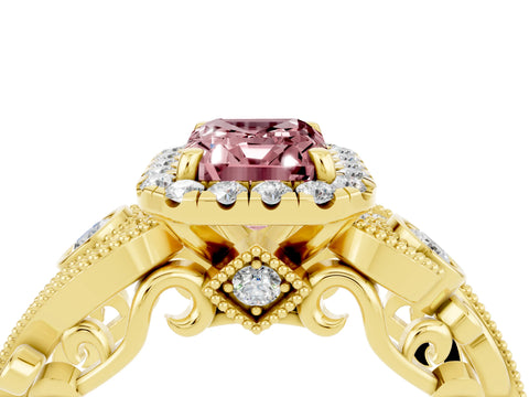 Yellow gold Emerald Cut Morganite Halo Ring with Milgrain Pavé Band and Four-Prong Setting_16