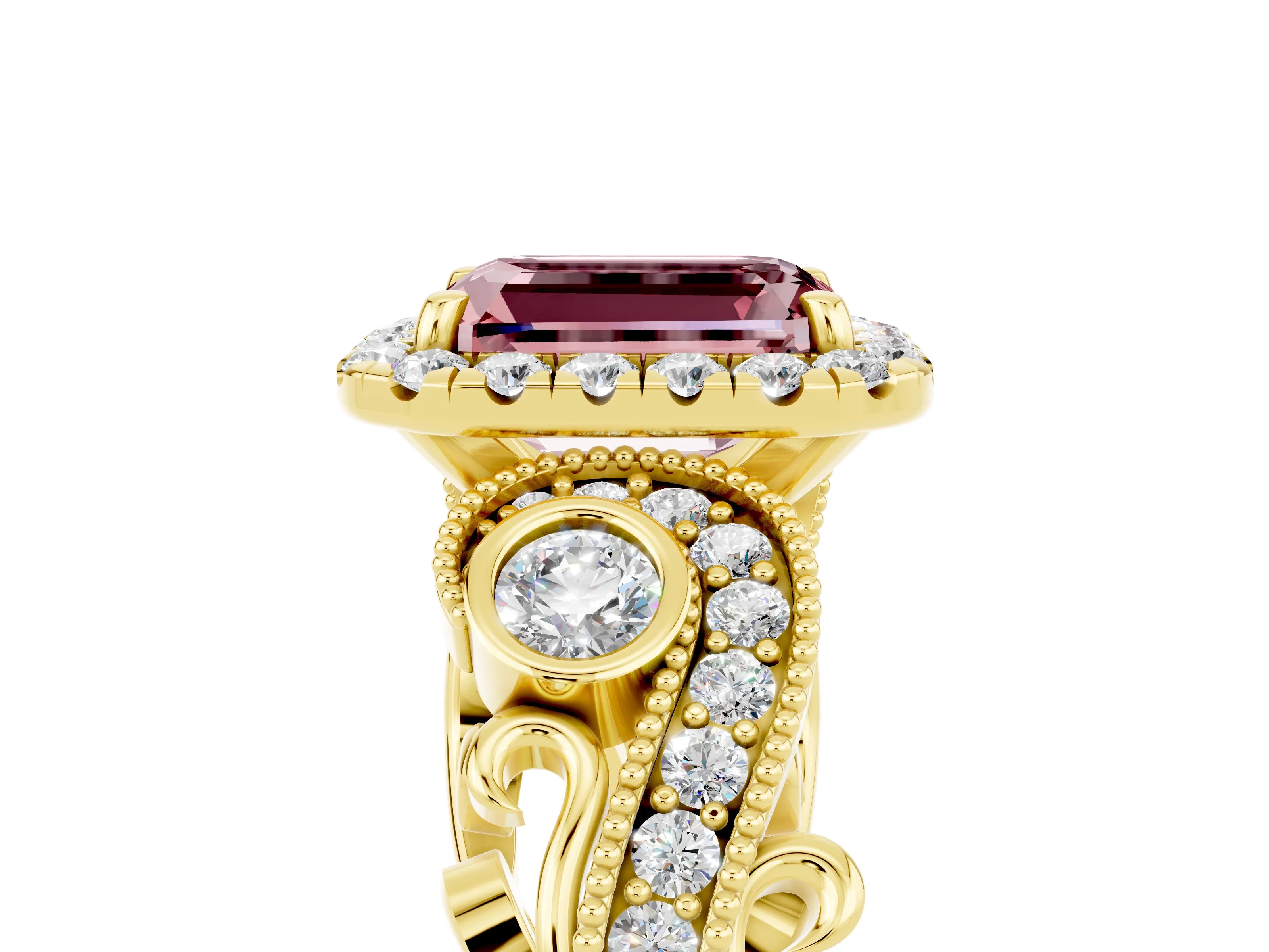Yellow gold Emerald Cut Morganite Halo Ring with Milgrain Pavé Band and Four-Prong Setting_17