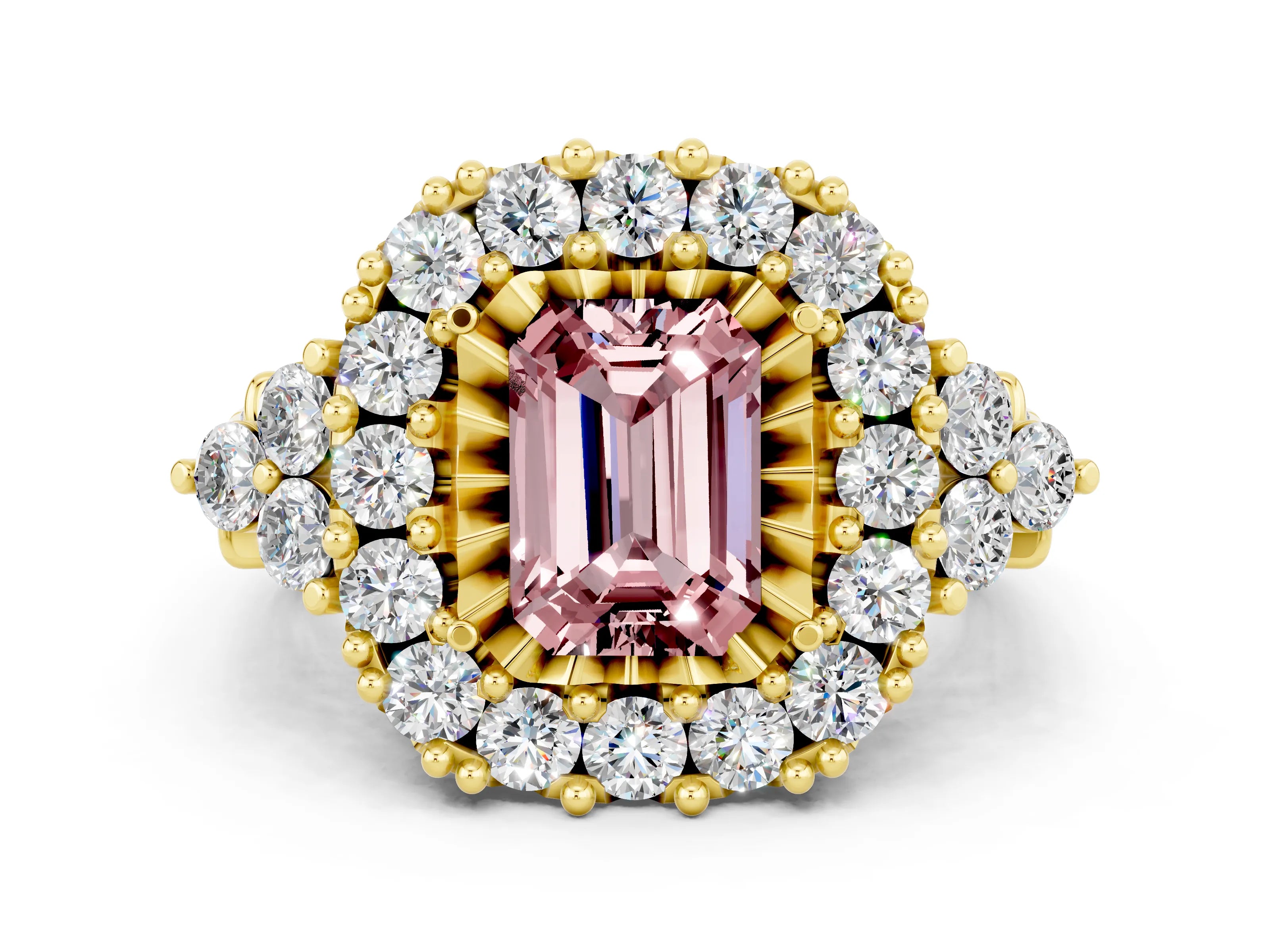 Yellow gold Emerald Cut Morganite Halo Ring with Pavé Band and Four-Prong Setting_12
