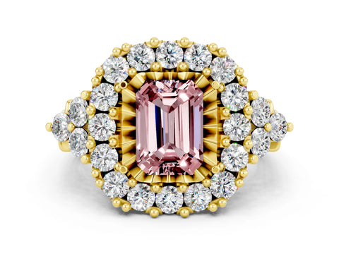 Yellow gold Emerald Cut Morganite Halo Ring with Pavé Band and Four-Prong Setting_12