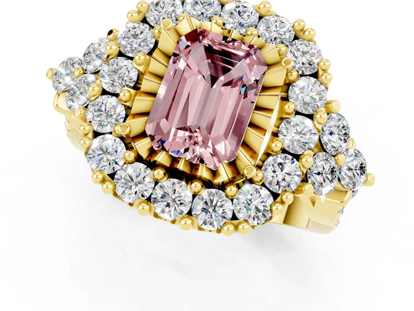 Yellow gold Emerald Cut Morganite Halo Ring with Pavé Band and Four-Prong Setting