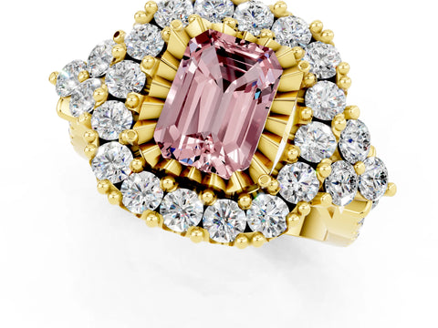 Yellow gold Emerald Cut Morganite Halo Ring with Pavé Band and Four-Prong Setting_13