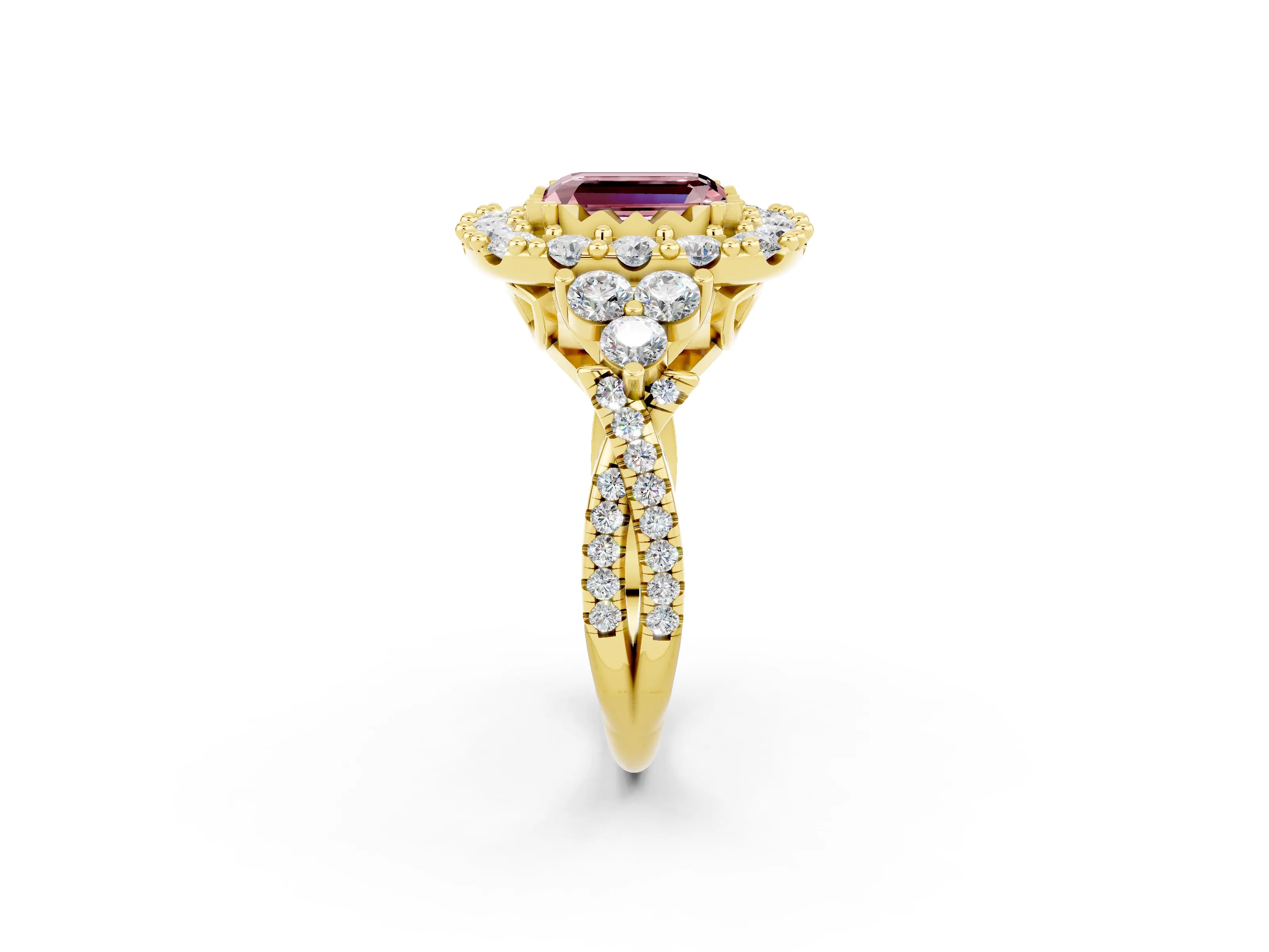Yellow gold Emerald Cut Morganite Halo Ring with Pavé Band and Four-Prong Setting_14