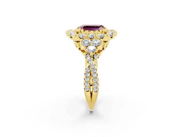 Yellow gold Emerald Cut Morganite Halo Ring with Pavé Band and Four-Prong Setting