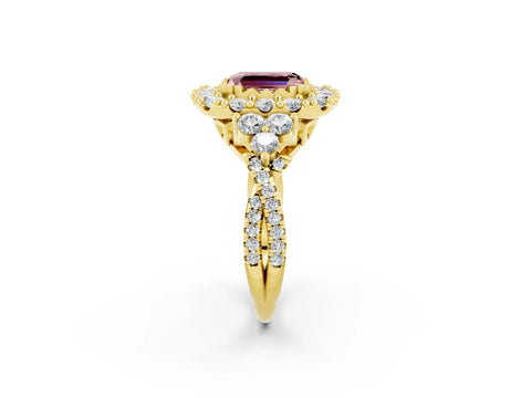 Yellow gold Emerald Cut Morganite Halo Ring with Pavé Band and Four-Prong Setting_14