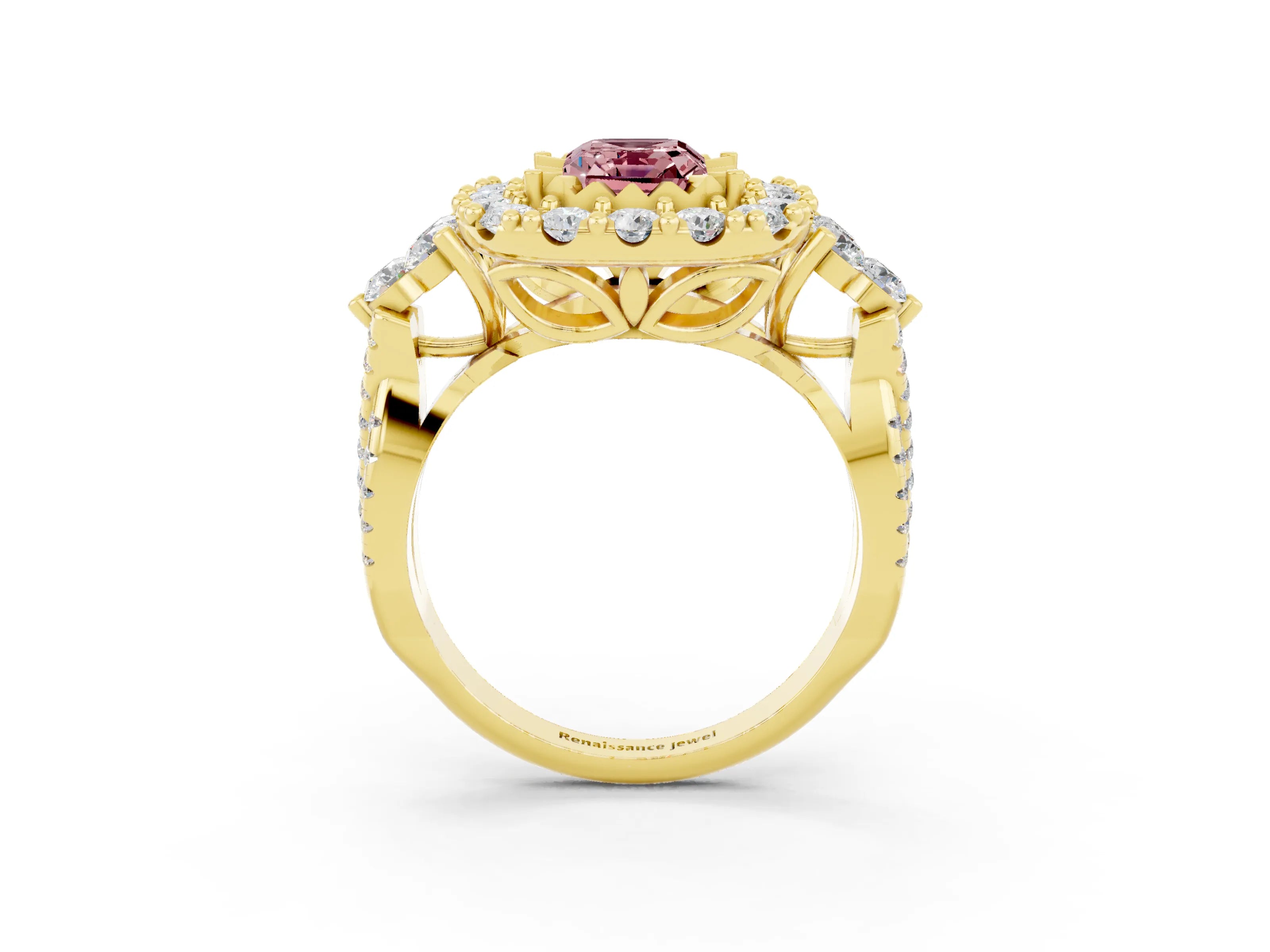 Yellow gold Emerald Cut Morganite Halo Ring with Pavé Band and Four-Prong Setting_15