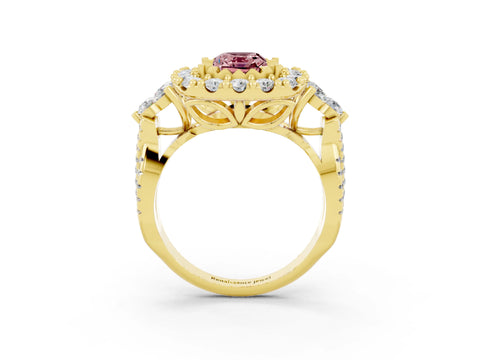 Yellow gold Emerald Cut Morganite Halo Ring with Pavé Band and Four-Prong Setting_15