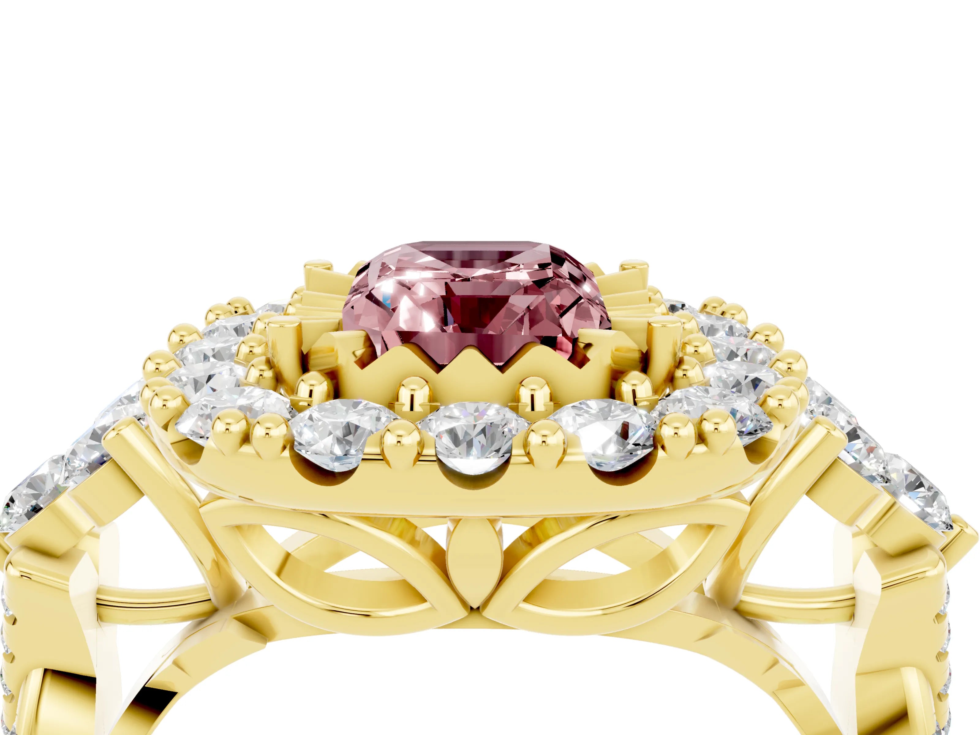 Yellow gold Emerald Cut Morganite Halo Ring with Pavé Band and Four-Prong Setting_16