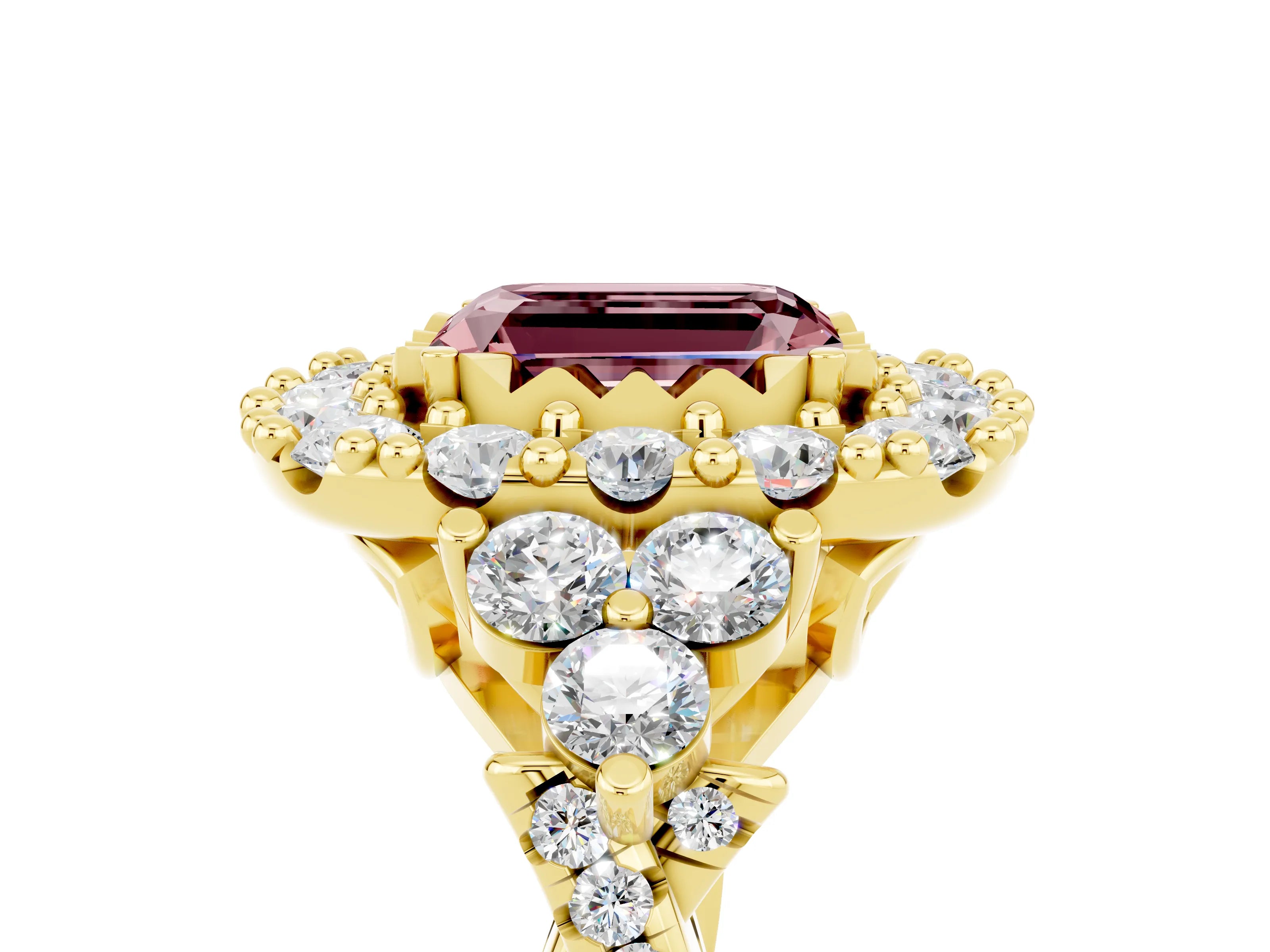 Yellow gold Emerald Cut Morganite Halo Ring with Pavé Band and Four-Prong Setting_17