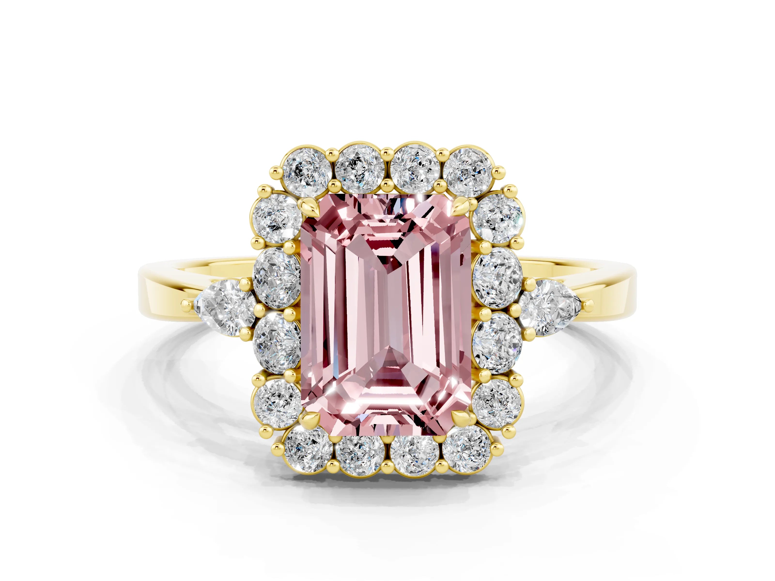 Yellow gold Emerald Cut Morganite Halo Ring with Pear Side Stones and Prong Setting_12
