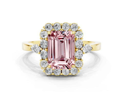 Yellow gold Emerald Cut Morganite Halo Ring with Pear Side Stones and Prong Setting_12