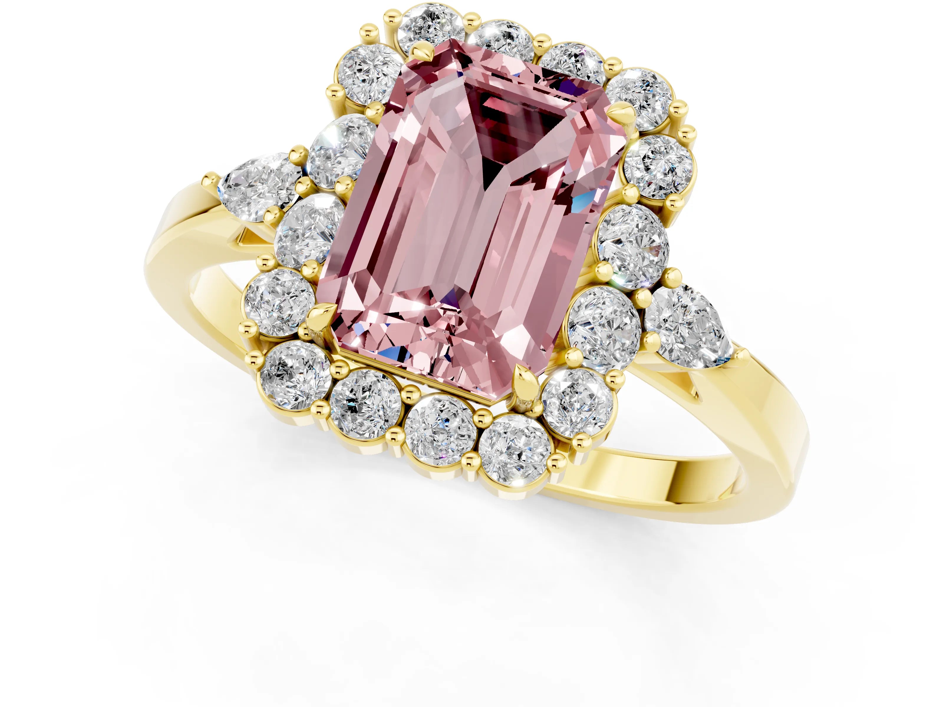 Yellow gold Emerald Cut Morganite Halo Ring with Pear Side Stones and Prong Setting_13