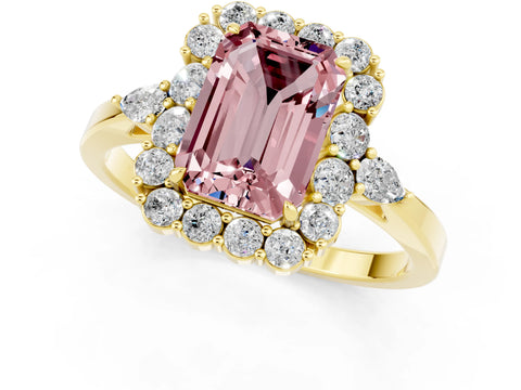 Yellow gold Emerald Cut Morganite Halo Ring with Pear Side Stones and Prong Setting_13