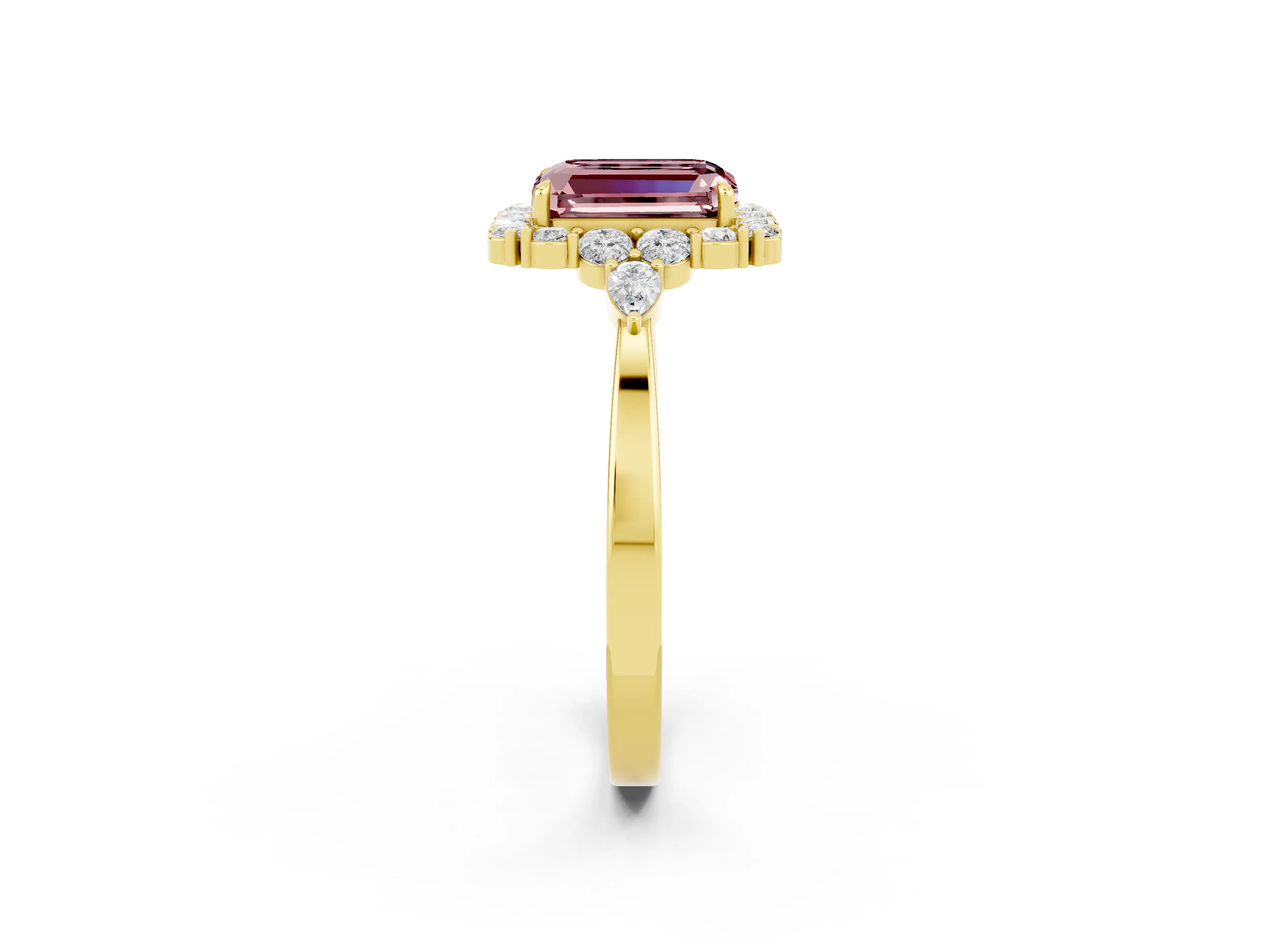 Yellow gold Emerald Cut Morganite Halo Ring with Pear Side Stones and Prong Setting_14
