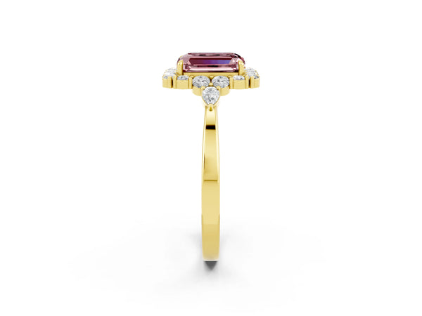 Yellow gold Emerald Cut Morganite Halo Ring with Pear Side Stones and Prong Setting