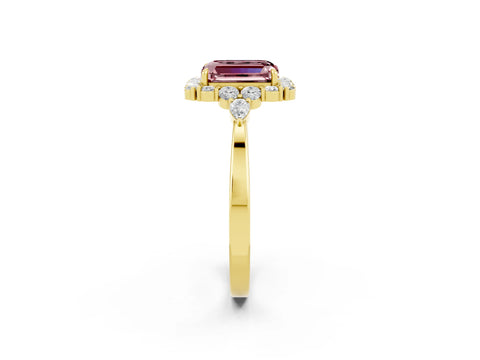 Yellow gold Emerald Cut Morganite Halo Ring with Pear Side Stones and Prong Setting_14