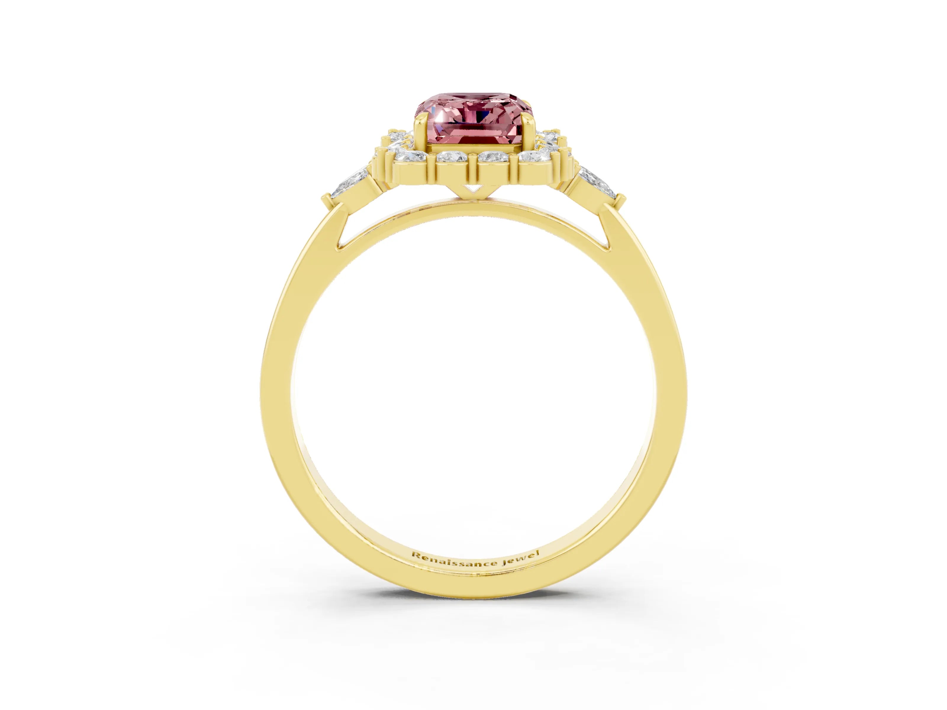 Yellow gold Emerald Cut Morganite Halo Ring with Pear Side Stones and Prong Setting_15