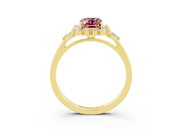 Yellow gold Emerald Cut Morganite Halo Ring with Pear Side Stones and Prong Setting