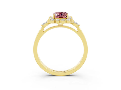 Yellow gold Emerald Cut Morganite Halo Ring with Pear Side Stones and Prong Setting_15