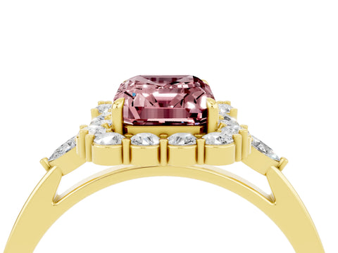 Yellow gold Emerald Cut Morganite Halo Ring with Pear Side Stones and Prong Setting_16