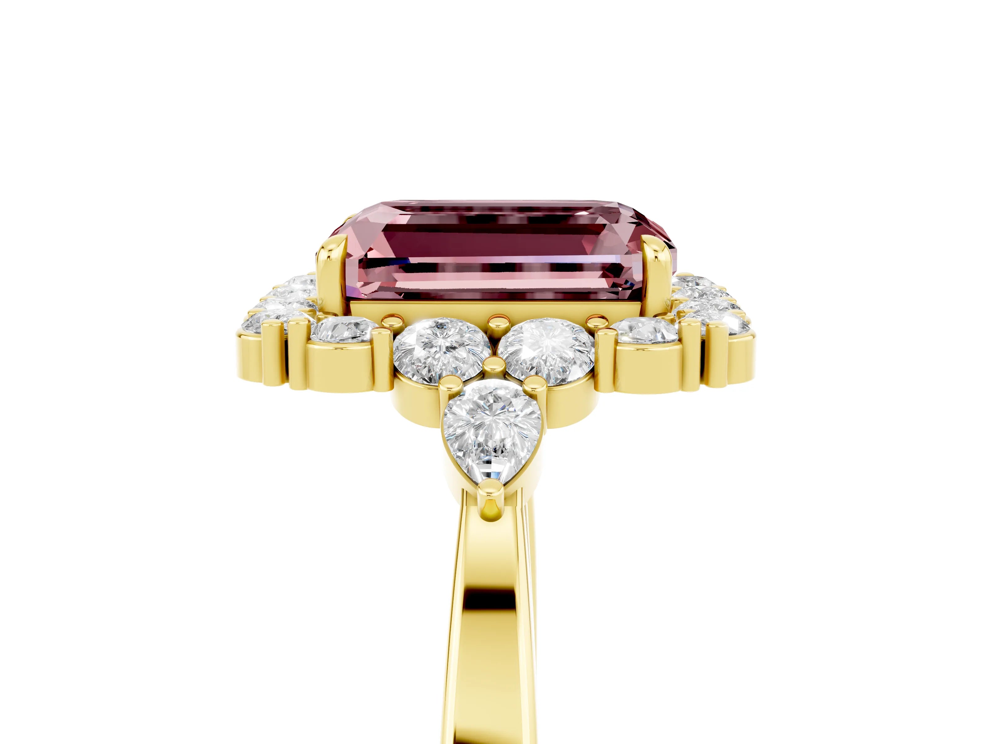 Yellow gold Emerald Cut Morganite Halo Ring with Pear Side Stones and Prong Setting_17