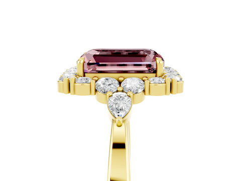 Yellow gold Emerald Cut Morganite Halo Ring with Pear Side Stones and Prong Setting_17