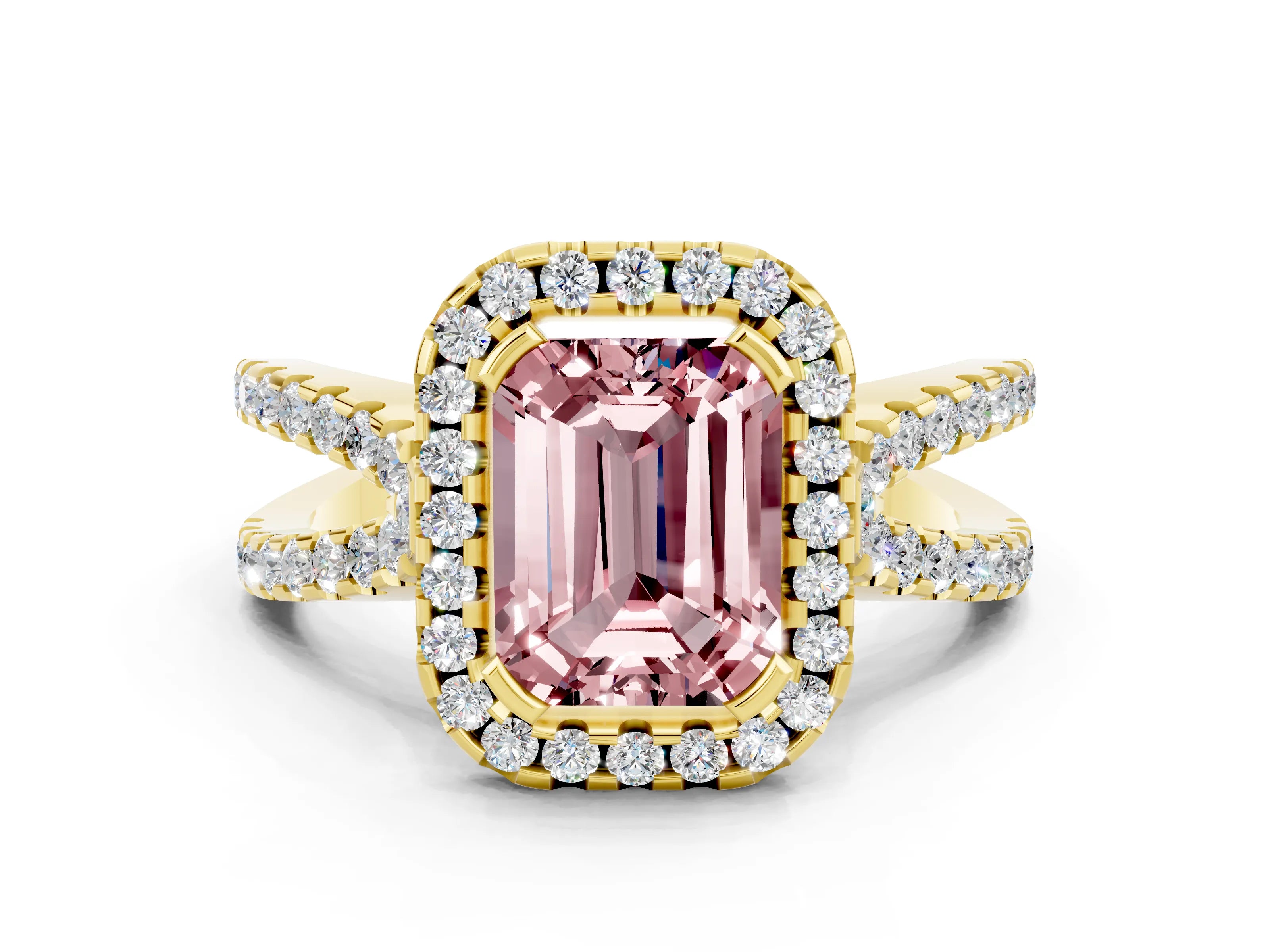 Yellow gold Emerald Cut Morganite Halo Ring with Split Shank Pavé Band and Prong Setting