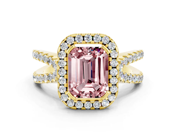 Yellow gold Emerald Cut Morganite Halo Ring with Split Shank Pavé Band and Prong Setting