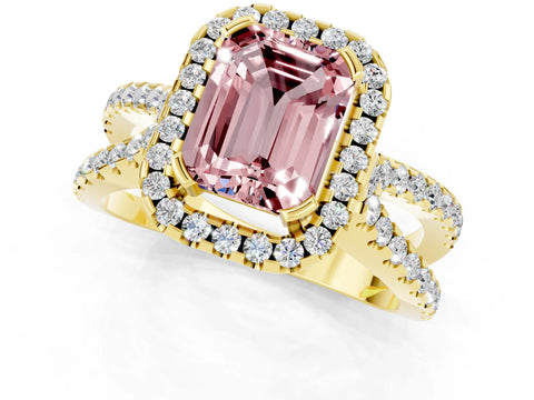 Yellow gold Emerald Cut Morganite Halo Ring with Split Shank Pavé Band and Prong Setting_1
