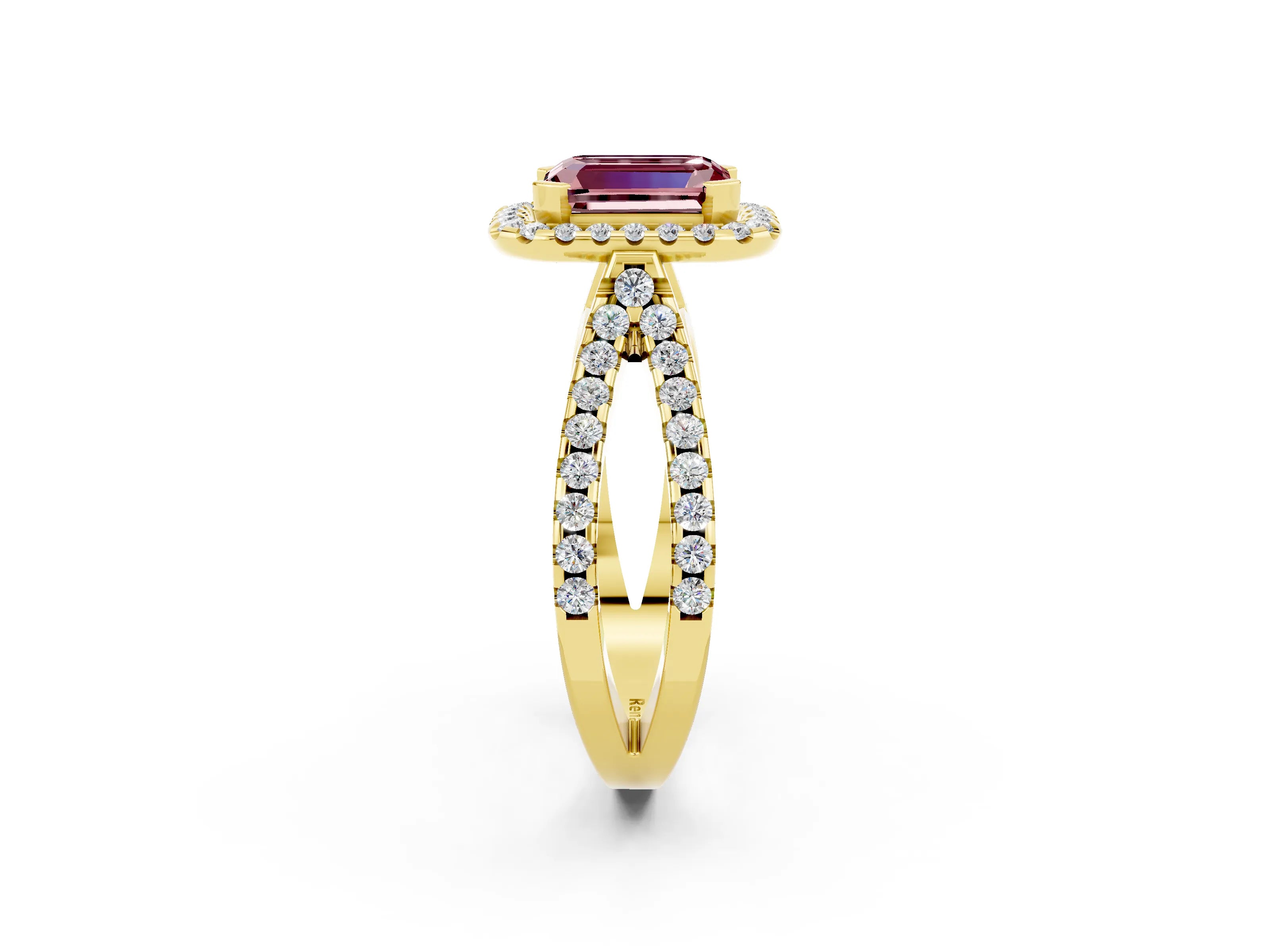 Yellow gold Emerald Cut Morganite Halo Ring with Split Shank Pavé Band and Prong Setting_2
