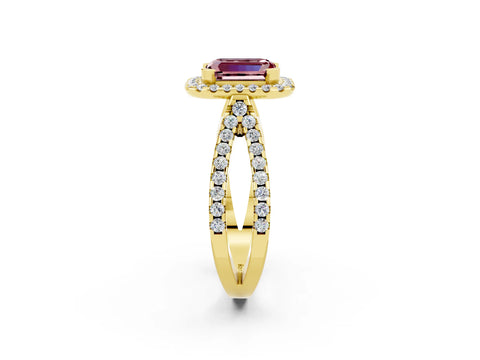 Yellow gold Emerald Cut Morganite Halo Ring with Split Shank Pavé Band and Prong Setting_2