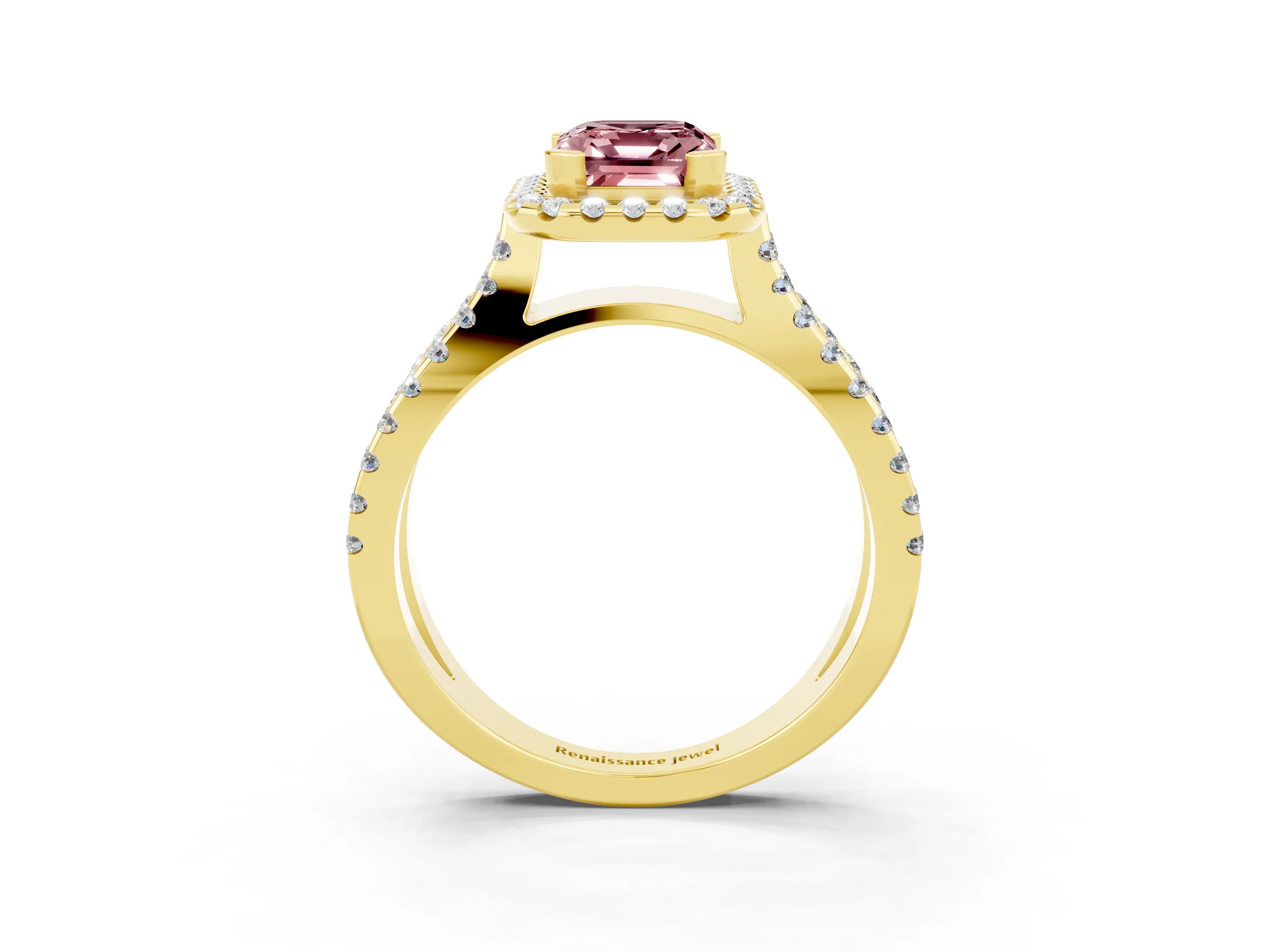 Yellow gold Emerald Cut Morganite Halo Ring with Split Shank Pavé Band and Prong Setting_3