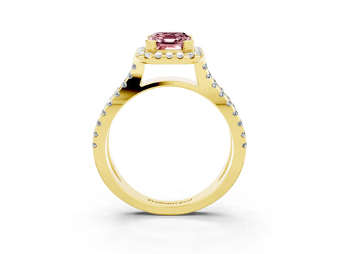 Yellow gold Emerald Cut Morganite Halo Ring with Split Shank Pavé Band and Prong Setting_3