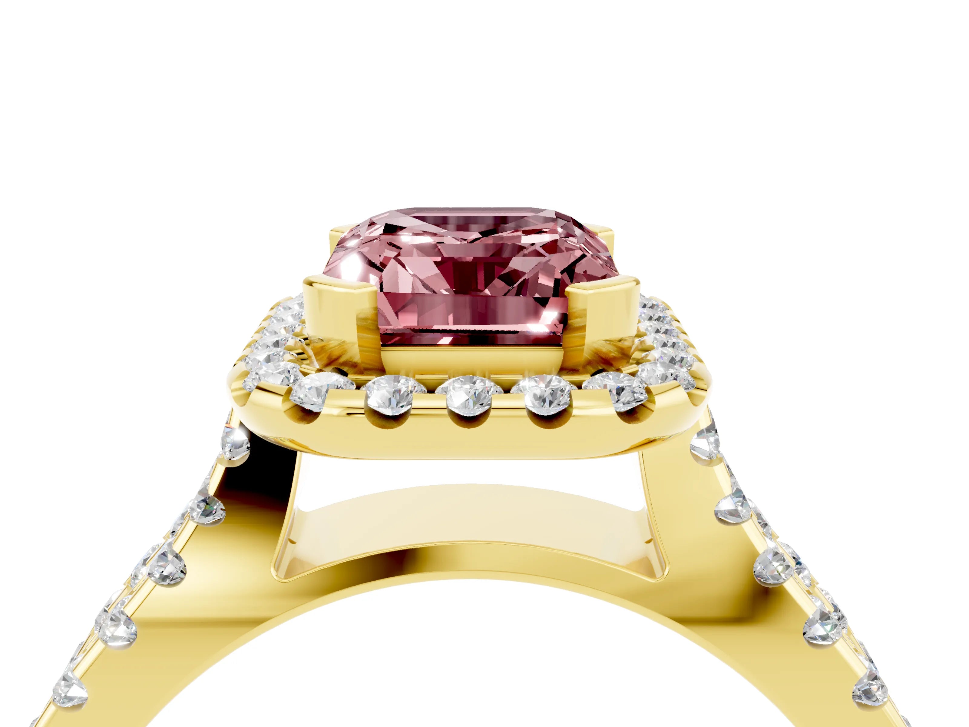 Yellow gold Emerald Cut Morganite Halo Ring with Split Shank Pavé Band and Prong Setting_4