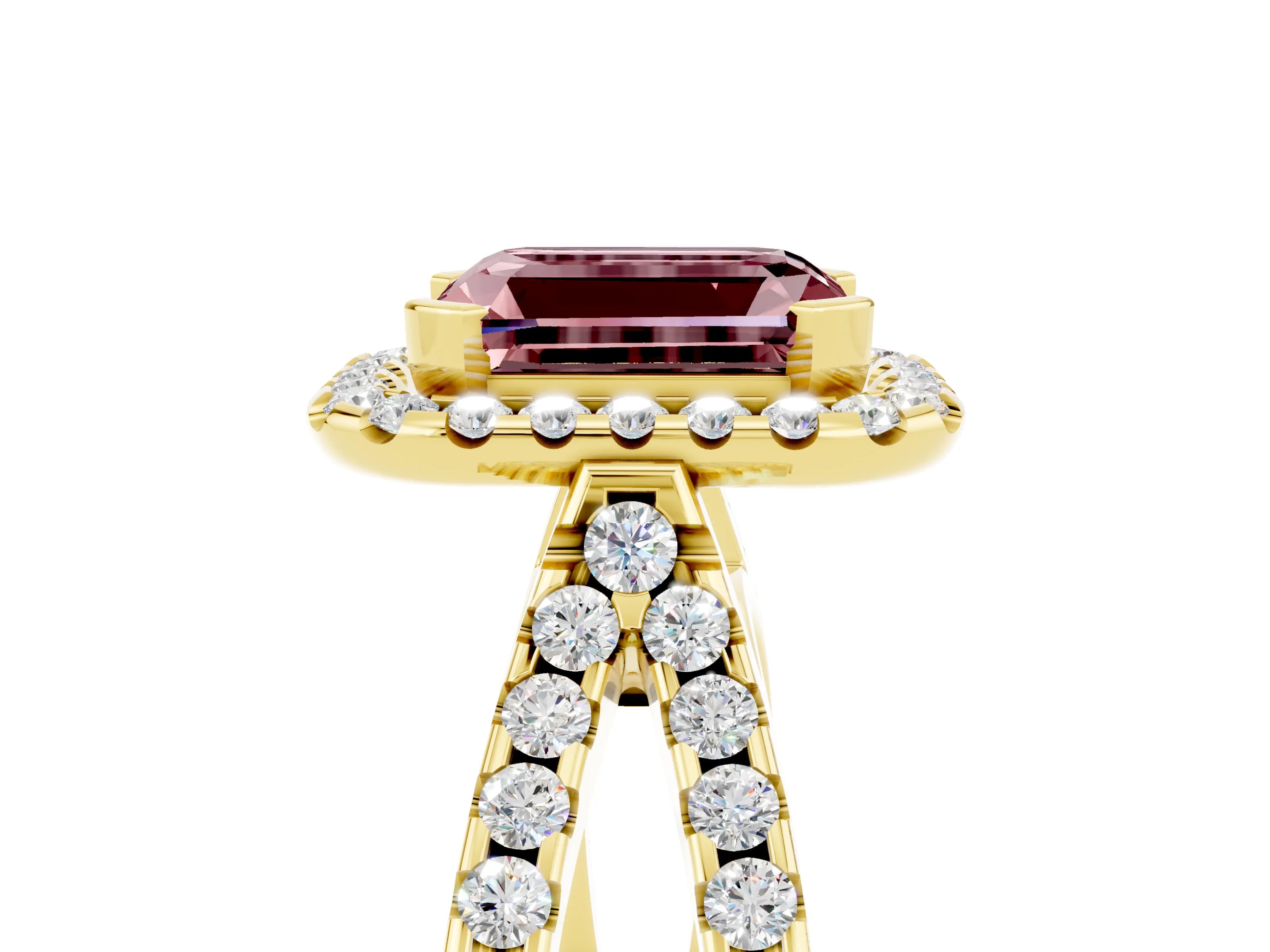 Yellow gold Emerald Cut Morganite Halo Ring with Split Shank Pavé Band and Prong Setting_5