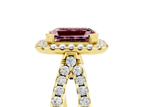 Yellow gold Emerald Cut Morganite Halo Ring with Split Shank Pavé Band and Prong Setting_5