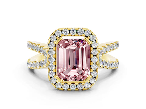 Yellow gold Emerald Cut Morganite Halo Ring with Split Shank Pavé Band and Prong Setting