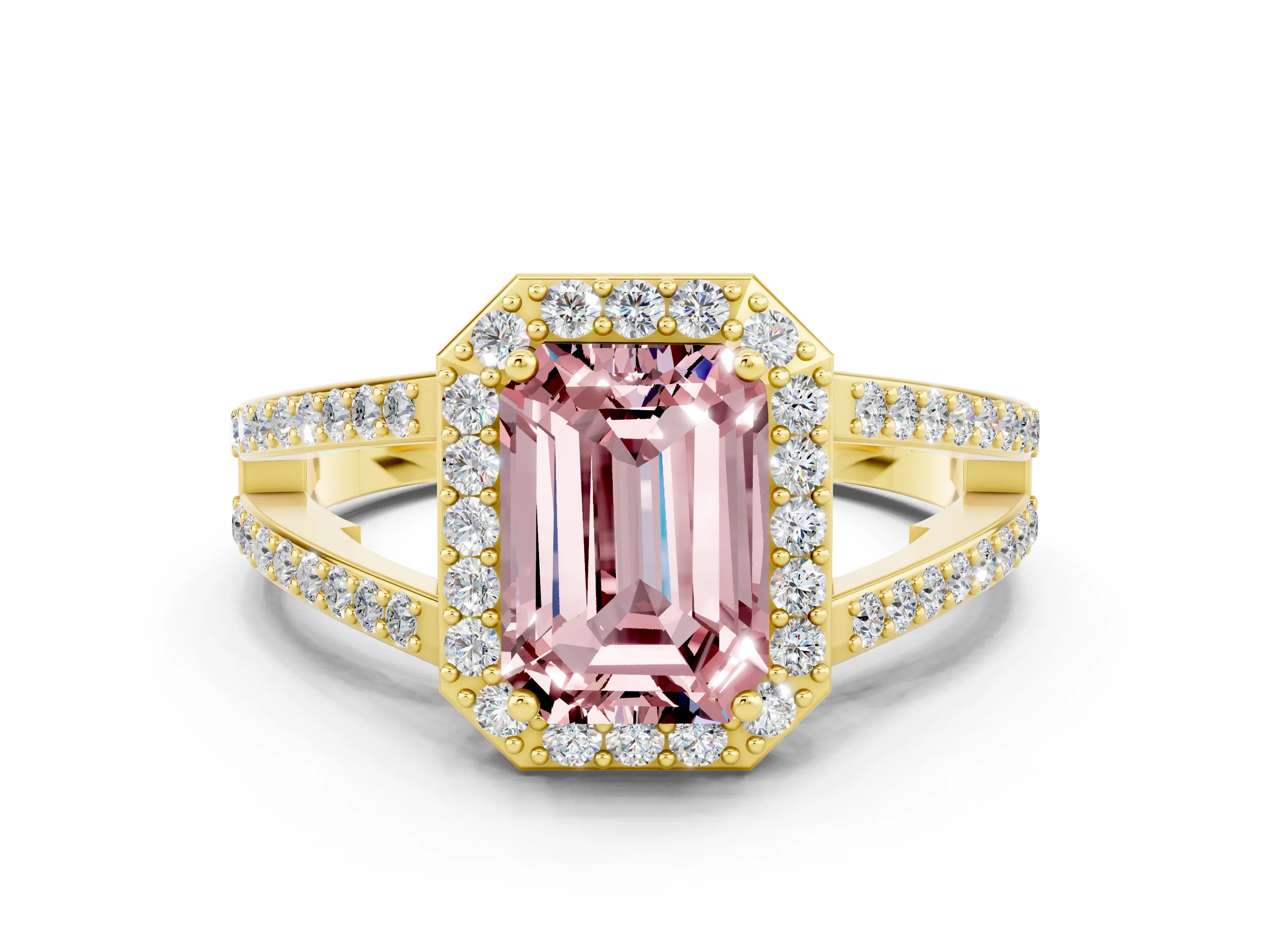 Yellow gold Emerald Cut Morganite Halo Ring with Split Shank U-Prong Band and Four-Prong Setting