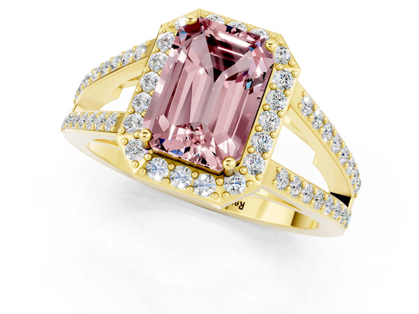 Yellow gold Emerald Cut Morganite Halo Ring with Split Shank U-Prong Band and Four-Prong Setting