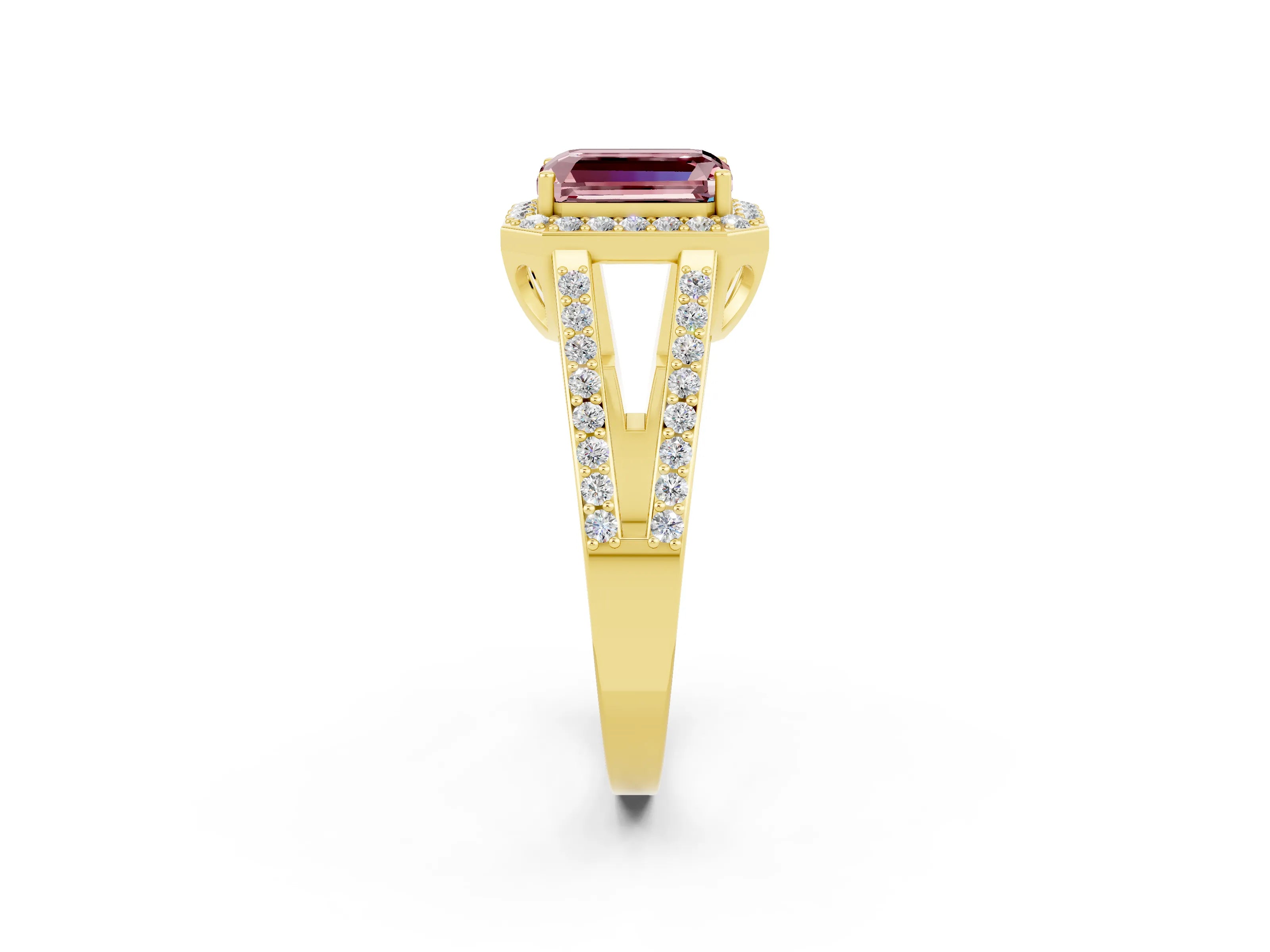 Yellow gold Emerald Cut Morganite Halo Ring with Split Shank U-Prong Band and Four-Prong Setting_2
