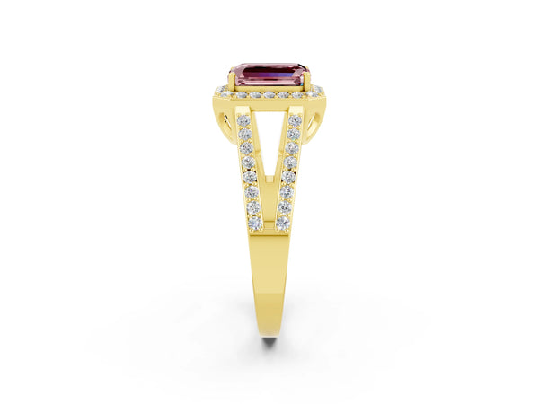 Yellow gold Emerald Cut Morganite Halo Ring with Split Shank U-Prong Band and Four-Prong Setting
